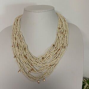 Multi Strand Ivory Seed Bead Necklace Flower Gold Accents Boho Chic Coastal